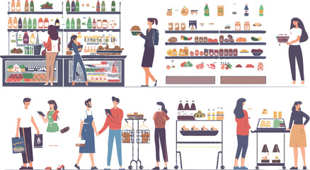 Set of different customers in a grocery store. People make purchases of food and drinks Vector flat illustrations on a white background