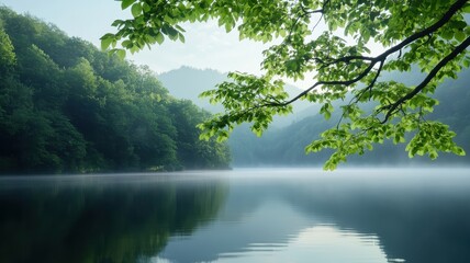 Peaceful lakeside at dawn with mist over the water, surrounded by forest, reflecting the soft morning light.