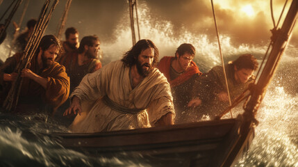 Jesus calming the storm while on a boat with his disciples