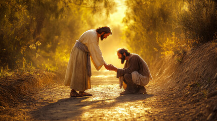Jesus healing a blind man on a dusty road