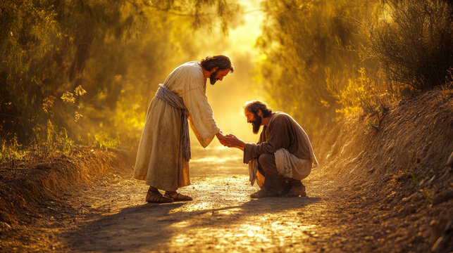 Jesus healing a blind man on a dusty road - Powered by Adobe