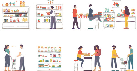 Set of different customers in a grocery store. People make purchases of food and drinks Vector flat illustrations on a white background
