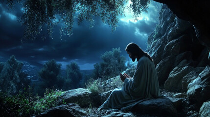 Jesus praying in the Garden of Gethsemane at night