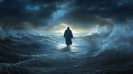 Jesus walking on water during a stormy night