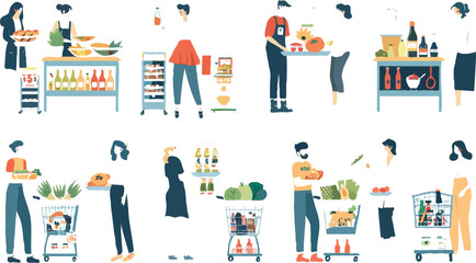 Set of different customers in a grocery store. People make purchases of food and drinks Vector flat illustrations on a white background