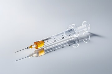 A Close-Up of a Medical Syringe with Orange Liquid and Reflection