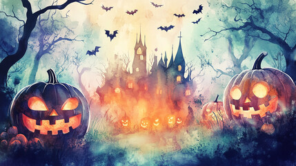 おどろおどろしいジャックオーランタンと魔法の城 - ハロウィンの幻想的な夜の風景