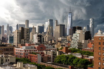 Thunderstorm clouds above New York City with Lower Manhattan Landmarks, Skyscrapers and Residential Buildings