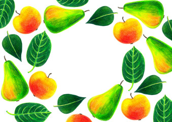 Fruit round frame. Pears, apples, different leaves. Drawing with colored pencils. Orange, yellow and various shades of green. Realistic drawing. Strokes texture. White background and copy space.