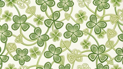 Delicate, intricate pattern of intertwined four-leaf clovers in soft, muted green hues on a creamy white background, evoking feelings of luck and whimsy.
