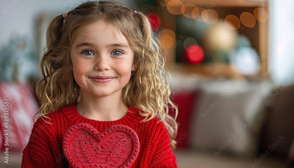 Poster Cute girl with gift box heart shaped in red sweater. 