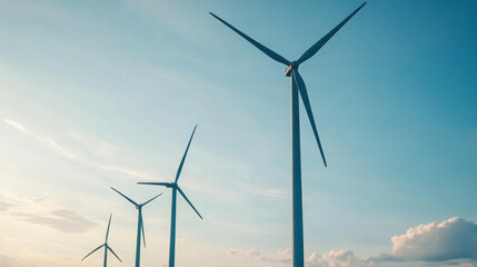 Fototapeta premium Modern wind farm with multiple turbines against a blue sky