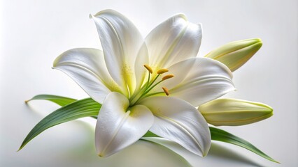 Naklejka premium Delicate white Easter lily blooms in serene isolation, petals intricately folded, golden anthers shining, against a soft, pure white background, evoking peace and innocence.