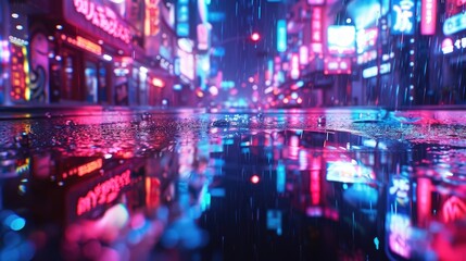 Fototapeta premium Neon signs reflect in a wet street in a bustling city.