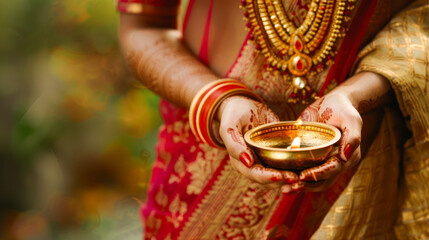 Diya oil lamp in hands of Indian woman in traditional dress sari. woman holding diya candle celebrating diwali festival. Festival of Lights in India. Diwali Tradition: Lighting Oil Lamps Close up