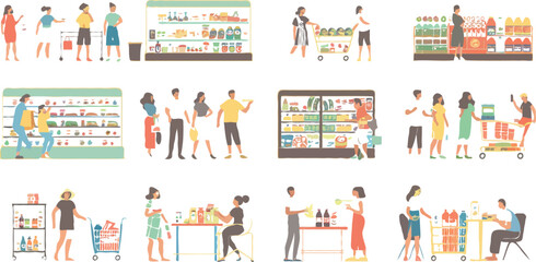 Set of different customers in a grocery store. People make purchases of food and drinks Vector flat illustrations on a white background