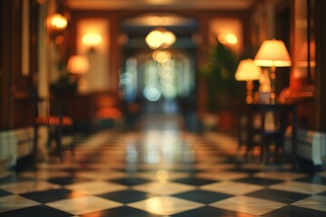 Fototapeta premium Elegant Hotel Corridor with Classic Checkered Floor and Soft Lighting
