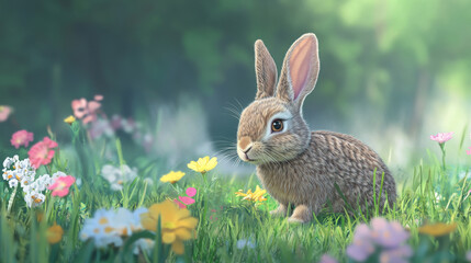 Rabbit hopping through a grassy yard with flowers