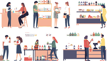 Set of different customers in a grocery store. People make purchases of food and drinks Vector flat illustrations on a white background