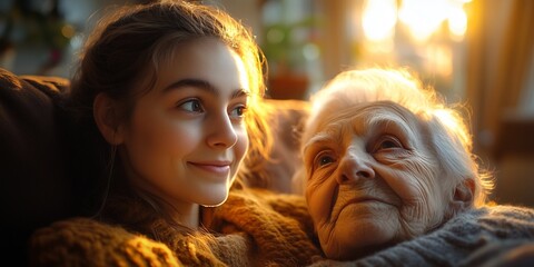 Fototapeta premium Empathetic Care in a Cozy Home: Nurse and Elderly Connection, generative ai