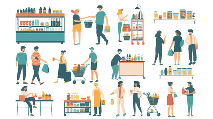 Set of different customers in a grocery store. People make purchases of food and drinks Vector flat illustrations on a white background