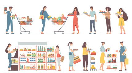 Set of different customers in a grocery store. People make purchases of food and drinks Vector flat illustrations on a white background