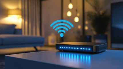 High-Tech Wireless Router with Blue LEDs and Wi-Fi Symbol in a Modern Living Room Setting