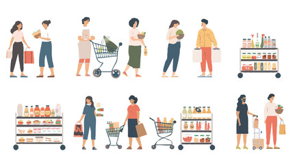 Set of different customers in a grocery store. People make purchases of food and drinks Vector flat illustrations on a white background