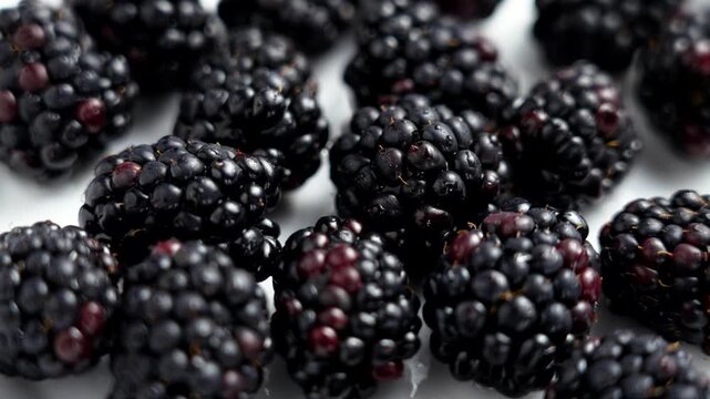 Ripe blackberries on white plate. Fresh organic bramble berries close up. Rotation