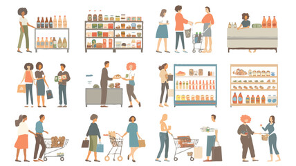 Set of different customers in a grocery store. People make purchases of food and drinks Vector flat illustrations on a white background
