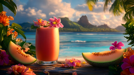 A refreshing tropical drink with flowers, surrounded by melons and a scenic beach backdrop.