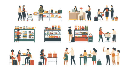 Set of different customers in a grocery store. People make purchases of food and drinks Vector flat illustrations on a white background