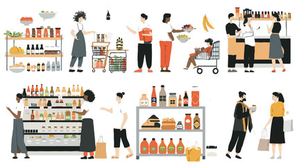 Set of different customers in a grocery store. People make purchases of food and drinks Vector flat illustrations on a white background