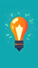 A glowing lightbulb with green leaves on a turquoise background, representing innovation and new ideas.