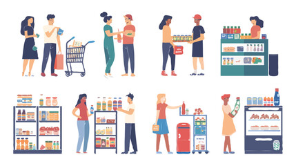 Set of different customers in a grocery store. People make purchases of food and drinks Vector flat illustrations on a white background