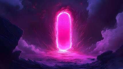 A glowing pink portal in a dramatic, cloudy sky. The portal is a vibrant, otherworldly gateway to the unknown.
