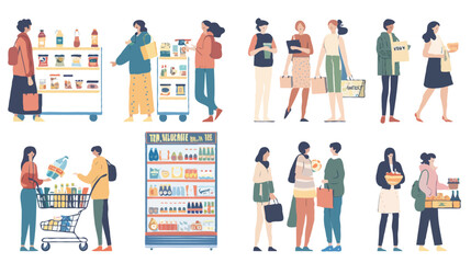 Set of different customers in a grocery store. People make purchases of food and drinks Vector flat illustrations on a white background