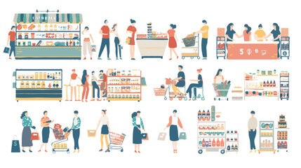 Set of different customers in a grocery store. People make purchases of food and drinks Vector flat illustrations on a white background