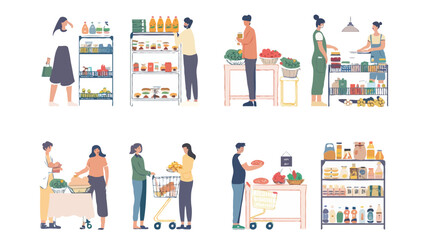 Set of different customers in a grocery store. People make purchases of food and drinks Vector flat illustrations on a white background