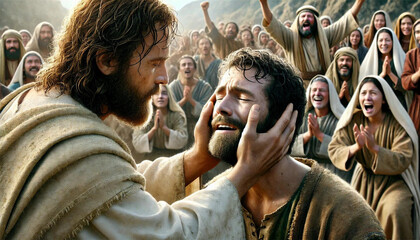 Jesus heals a blind man , realistic ai illustration