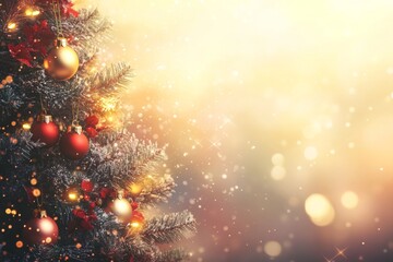 Mesmerizing Christmas Tree Adorned with Red and Gold Ornaments, Set against a Blurred Bokeh Light Background for a Festive Season.