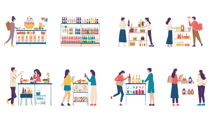 Set of different customers in a grocery store. People make purchases of food and drinks Vector flat illustrations on a white background
