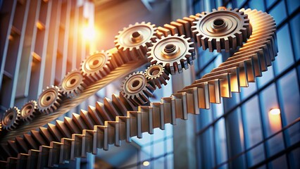 Upwardly spiraling staircase of connected gears, symbolizing growth, expansion, and adaptation, with blurred background and shallow depth of field emphasizing the central concept.