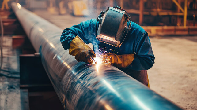 Welder working on a large metal pipe in a construction site
