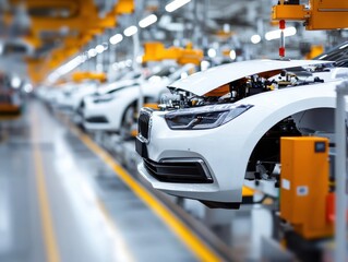 Modern car manufacturing process with vehicles on assembly line in automotive factory, showcasing engineering and technology.