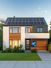 Modern home with solar panels and stylish design, surrounded by green space. Ideal for eco-friendly living and architectural inspiration.