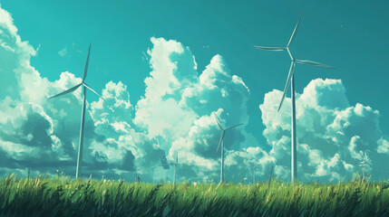 Wind farm with multiple turbines under a blue sky
