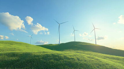 Wind turbines on a green hill generating clean energy