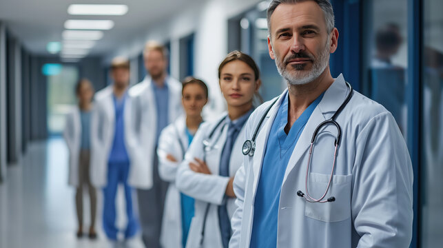 A group of doctors stand in a hallway, one of them wearing a stethoscope