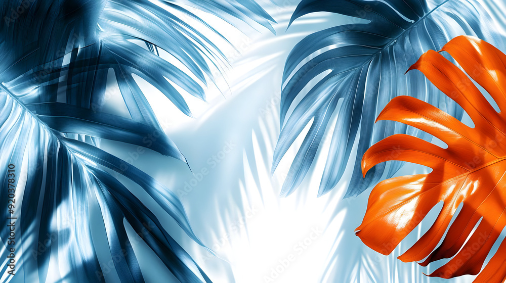 Canvas Prints A vibrant design featuring tropical leaves in blue and orange hues.